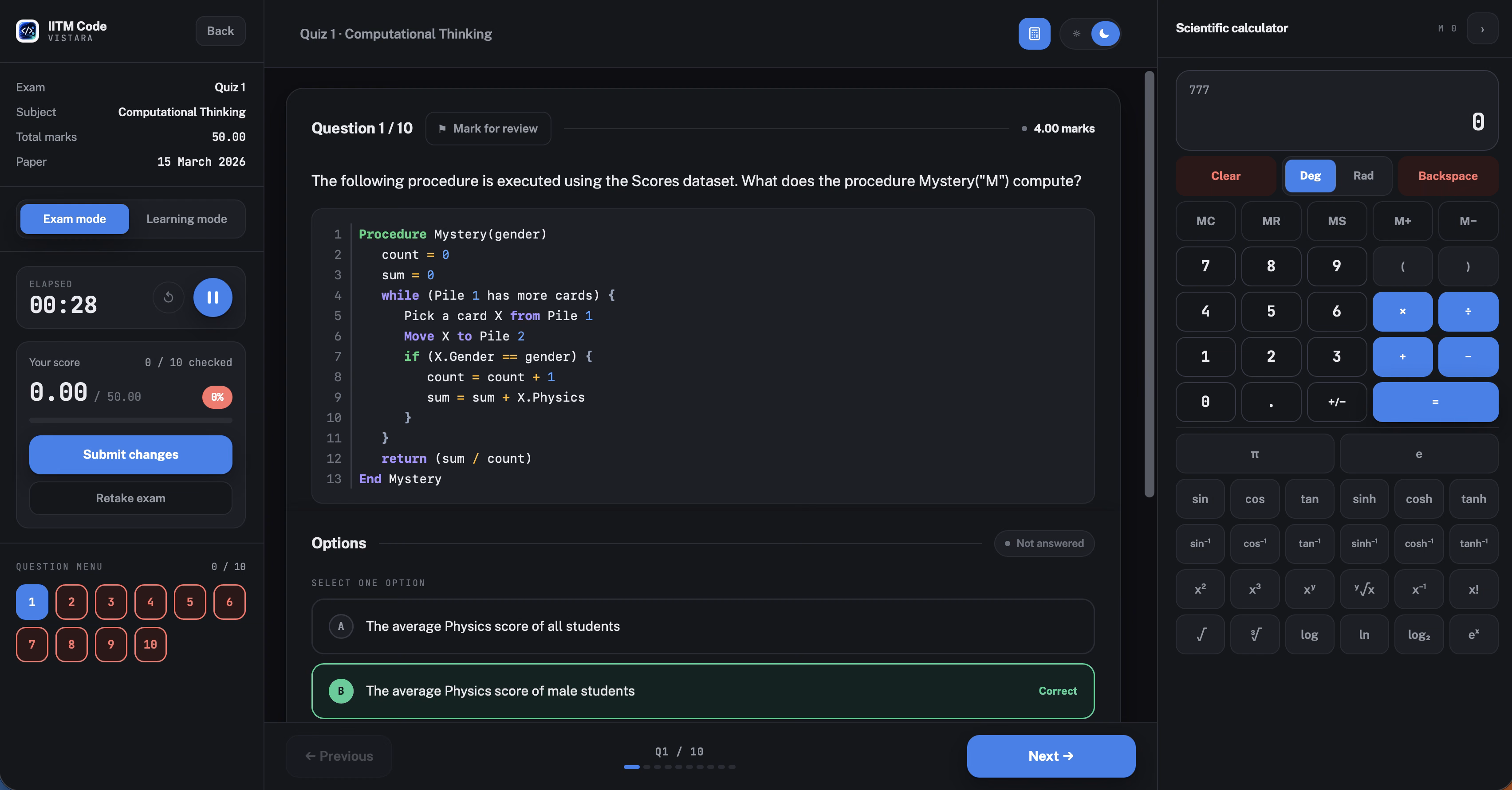 Screenshot of the real IITM Code Vistara exam interface: a Computational Thinking Quiz 1 question with a flowchart-based pseudocode question, the question navigator sidebar, and the elapsed timer.