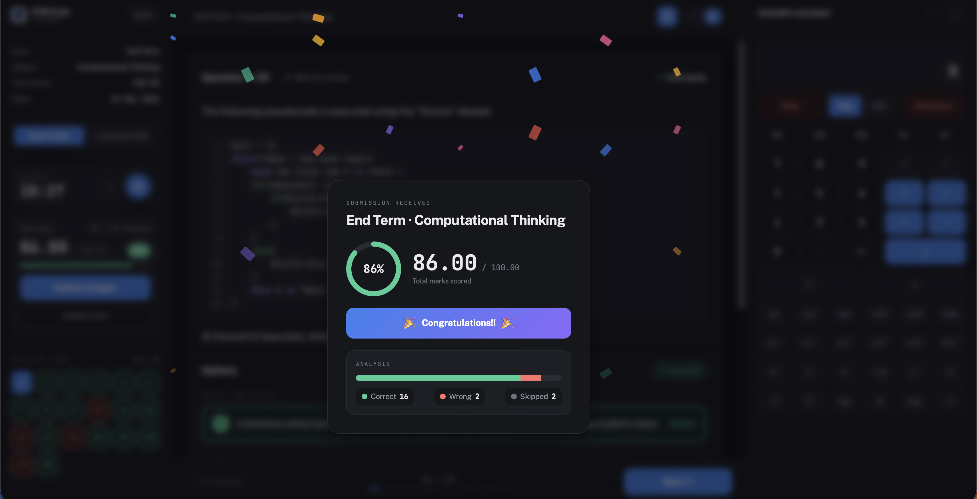 The real result screen after submitting: a score ring, marks scored, and a correct / wrong / skipped breakdown, with Review Answers, Retry and Back to Practice actions.